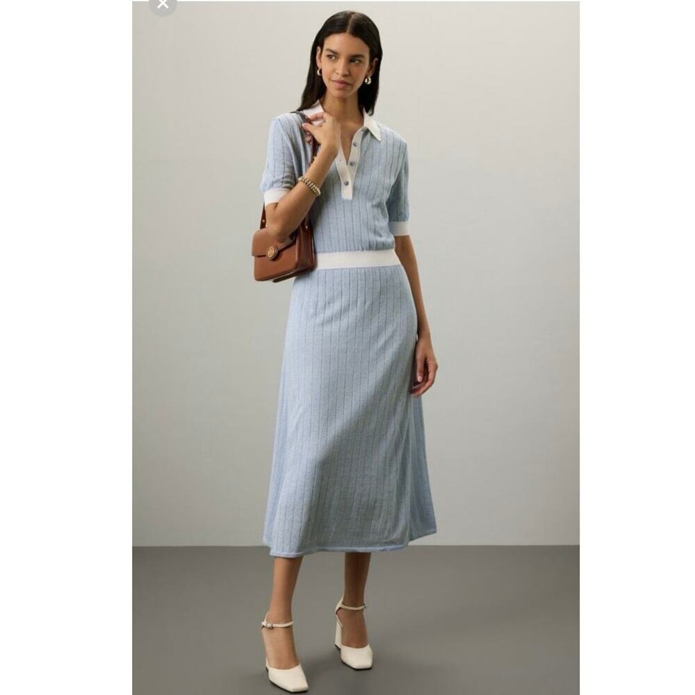 BOSS Light Blue Collared Short Sleeve Front Button Closure Polo Knit Midi Dress